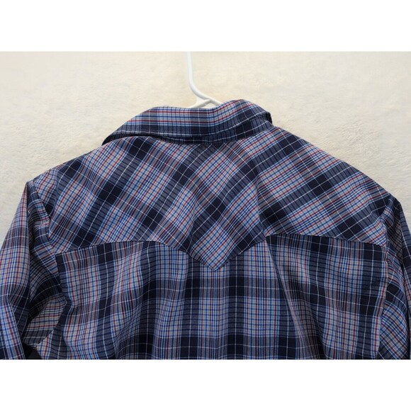 VTG H Bar C 14.5-33 Ranchwear Long Tail Pearl Snap Blue Plaid Shirt Western 70s - Picture 13 of 14